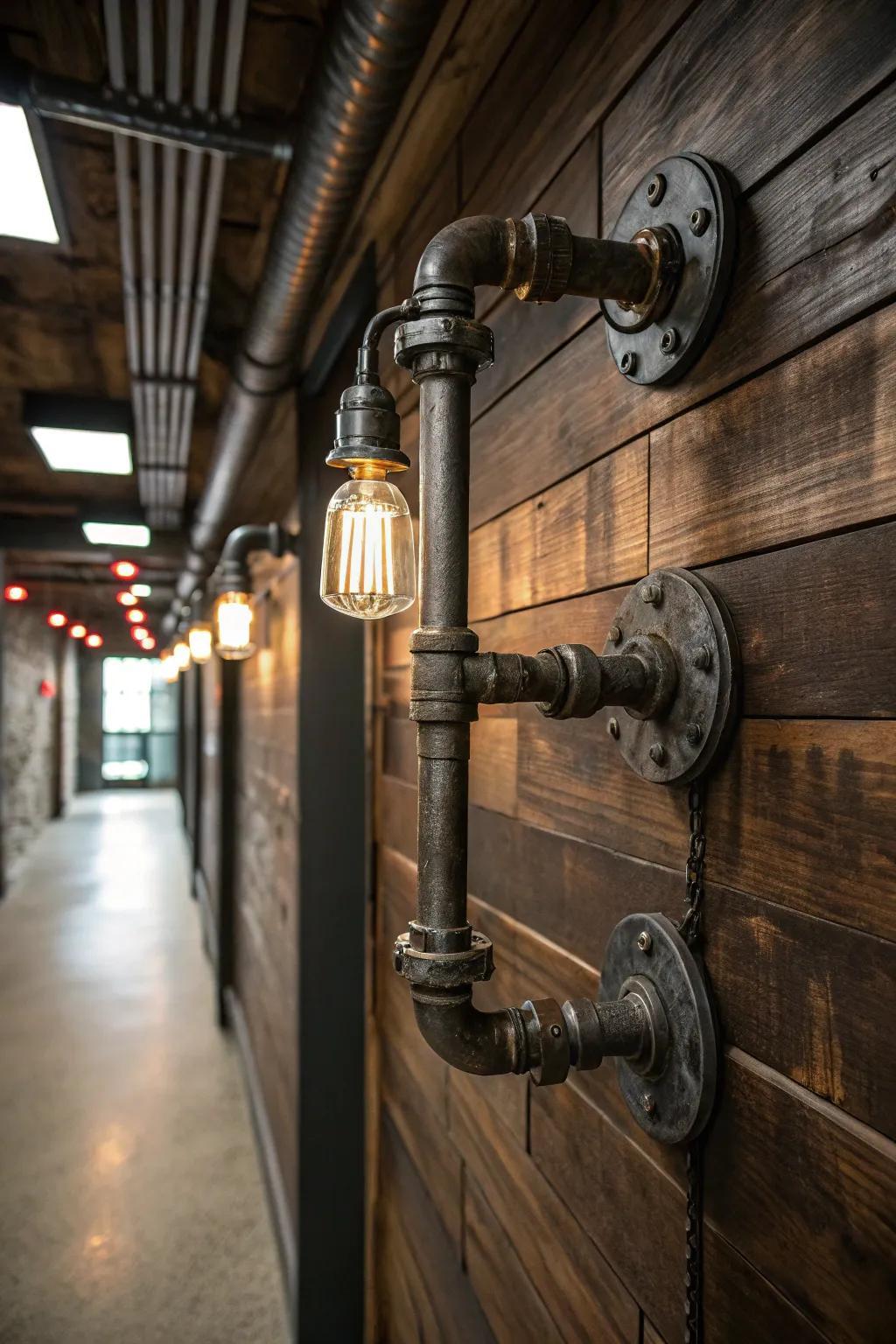 Industrial wall lamp installed in a contemporary restaurant with industrial architectural styling.