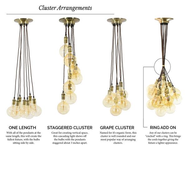 Cluster pendant lighting family featuring multiple layouts and configurations.