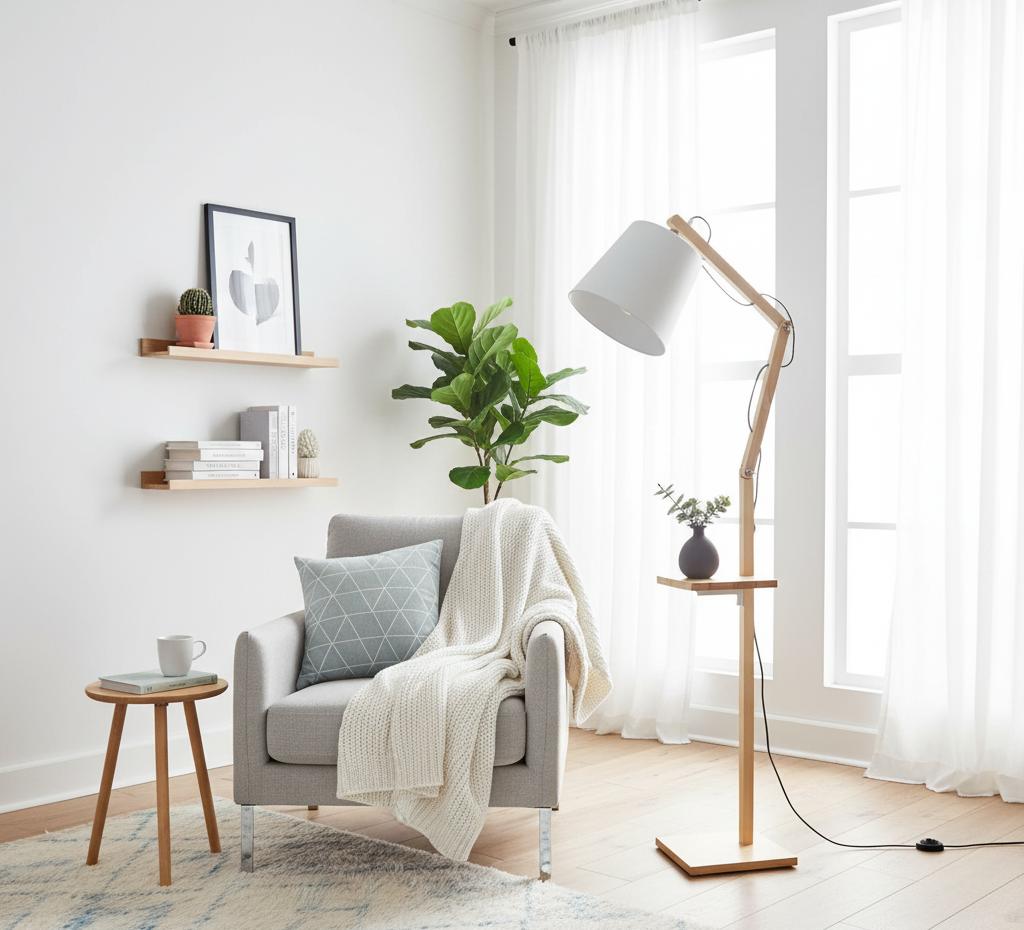 Scandinavian floor lamp positioned beside a lounge chair in a bright contemporary living room, creating warm and comfortable ambient lighting.