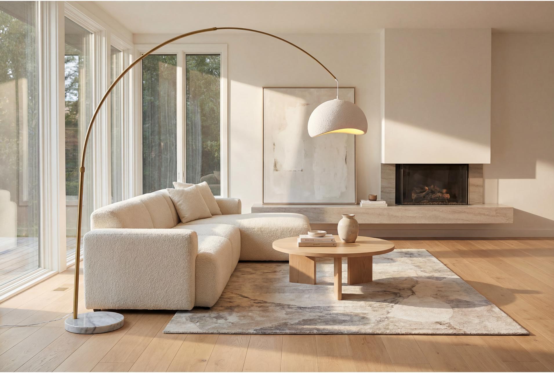 Marble floor lamp positioned beside a seating area in a luxury hotel lounge creating warm ambient lighting and timeless architectural elegance.