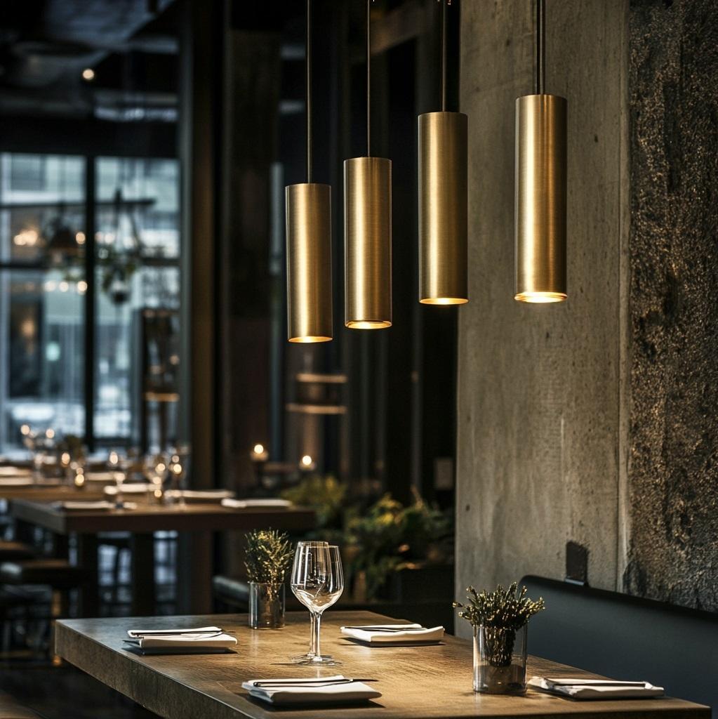 Brass pendant lighting installed in a luxury hospitality interior.