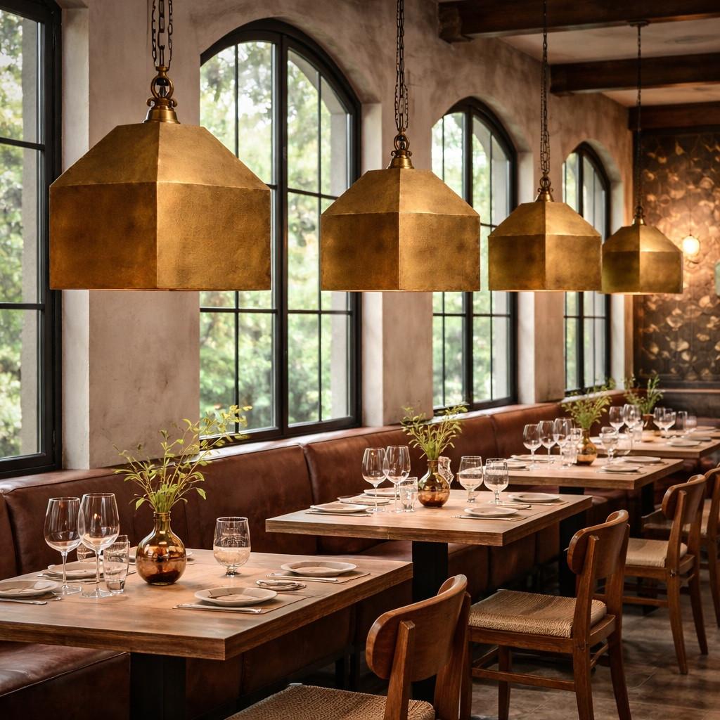Brass pendant lighting installed in a luxury hospitality interior.