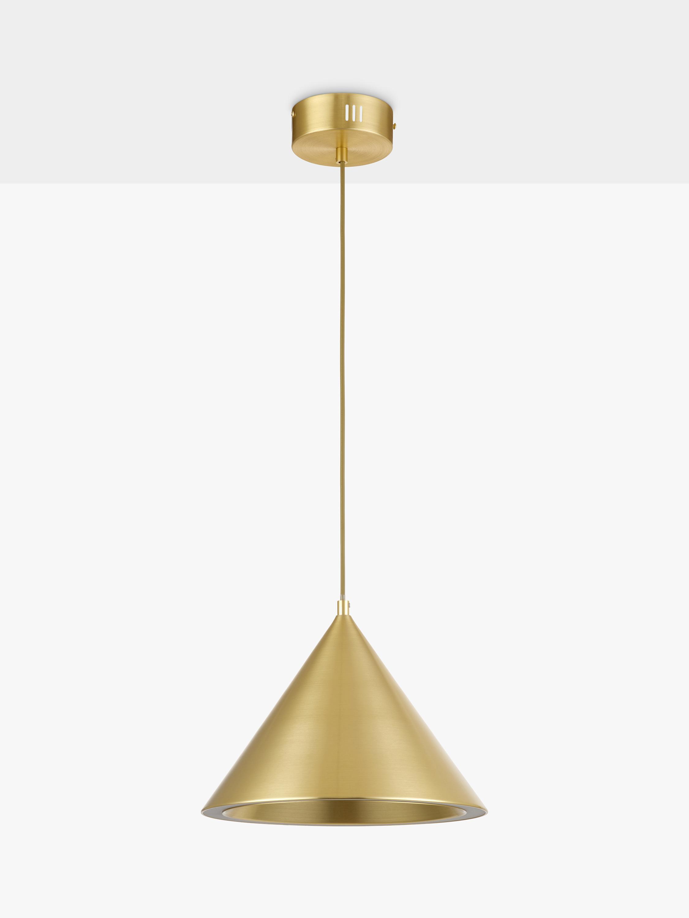 Front view of a premium brass pendant light for architectural interiors.