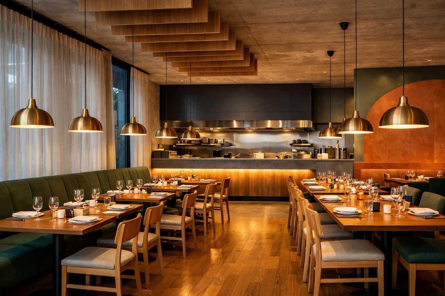 Brass pendant lighting installed in a luxury hospitality interior.