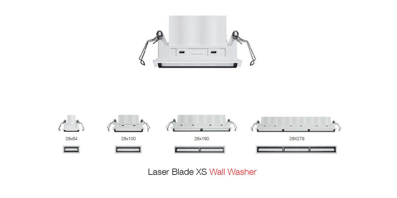 Trimless wall washer family with different lengths, beam angles and trimless frame options.