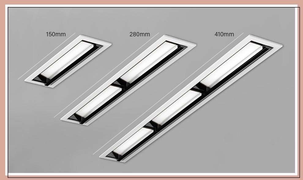 Trimless wall washer family with different lengths, beam angles and trimless frame options.