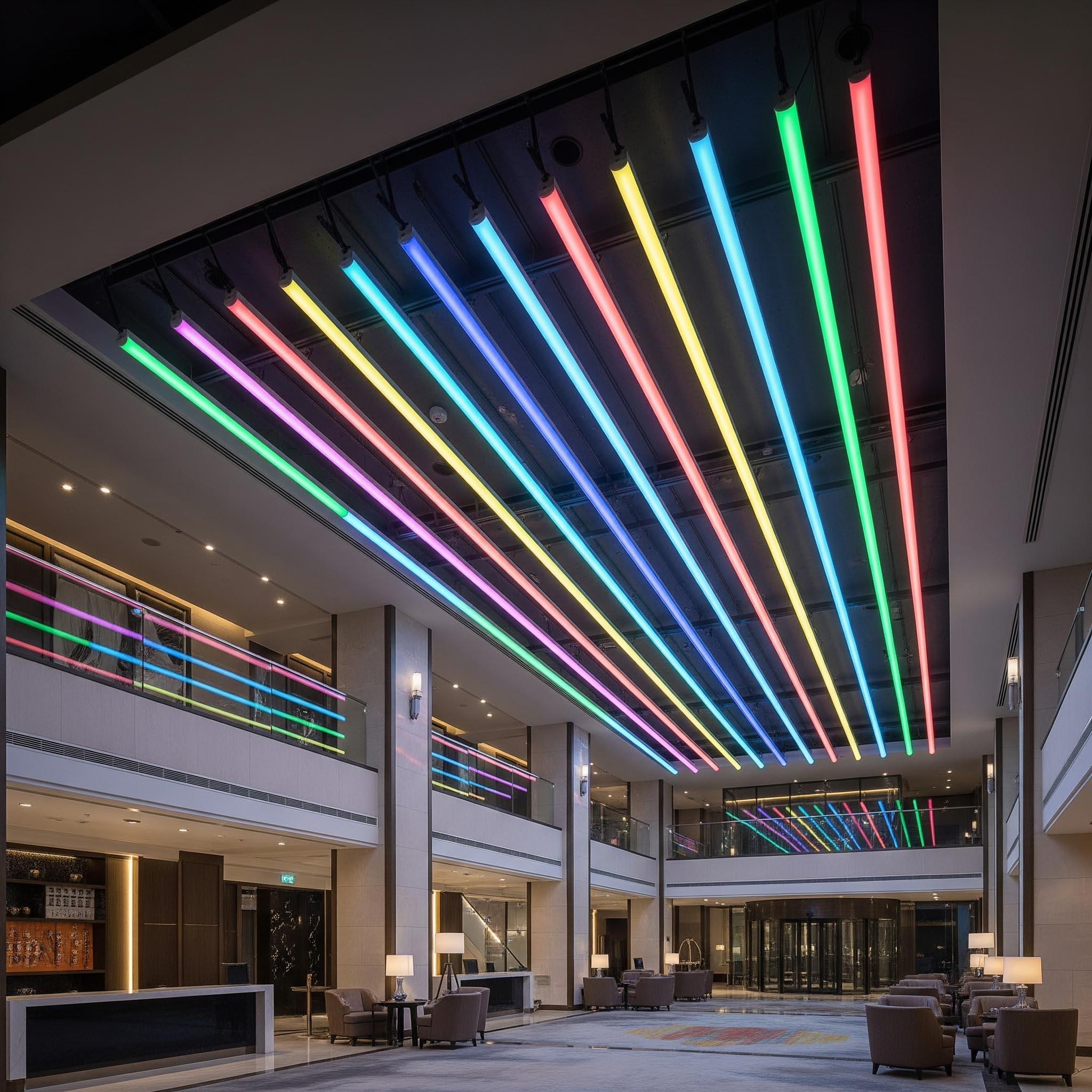 RGB cove lighting creating dynamic color-changing indirect illumination in a contemporary hospitality interior.