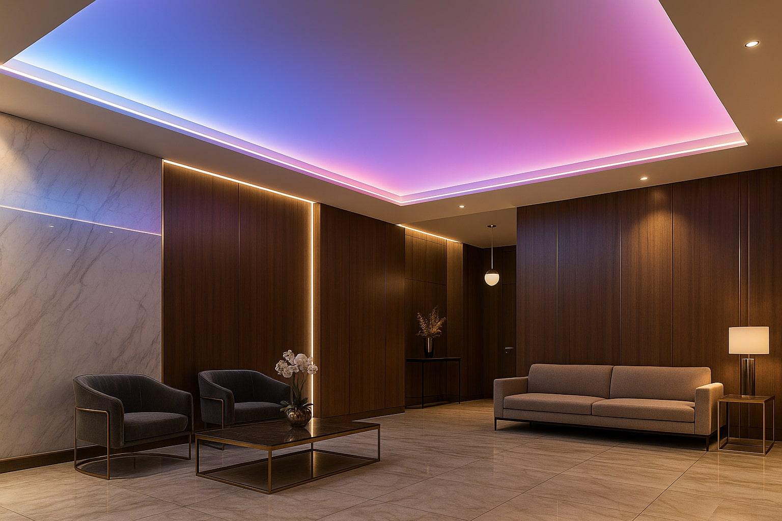 RGB cove lighting creating dynamic color-changing indirect illumination in a contemporary hospitality interior.