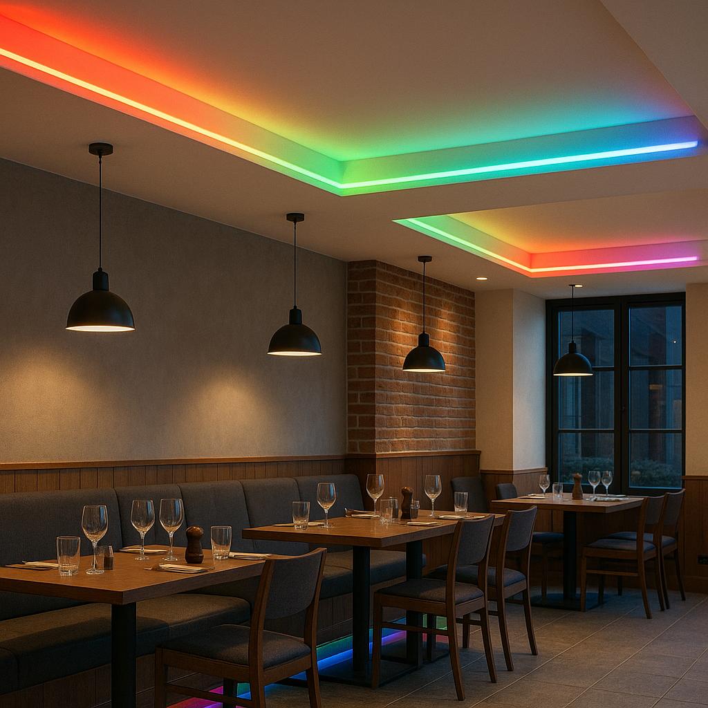 RGB cove lighting creating dynamic color-changing indirect illumination in a contemporary hospitality interior.