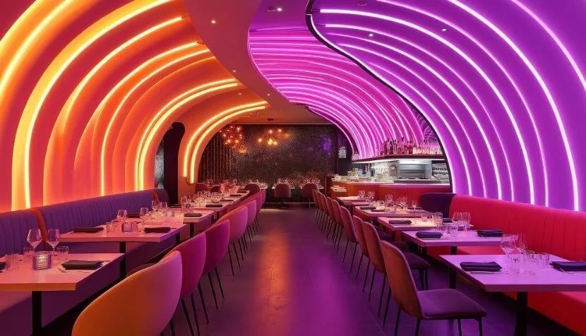 RGB cove lighting creating dynamic color-changing indirect illumination in a contemporary hospitality interior.