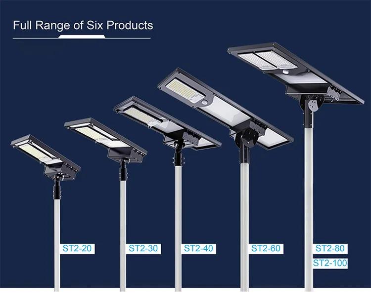 Solar street light family with different power ratings, pole configurations and solar panel sizes.