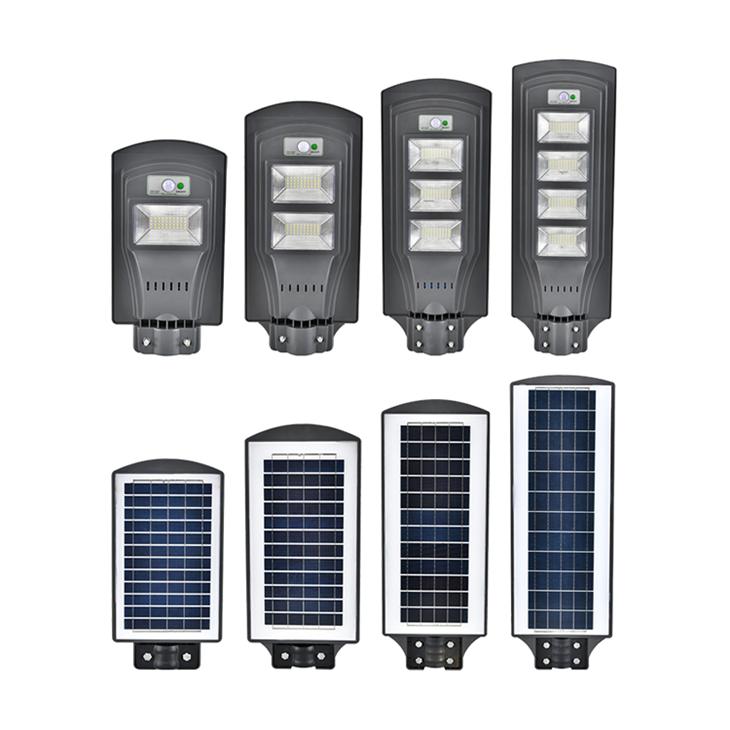 Solar street light family with different power ratings, pole configurations and solar panel sizes.