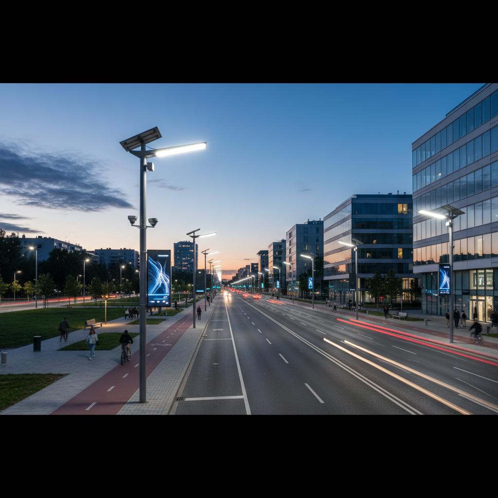 Solar LED street lights installed along a contemporary roadway.