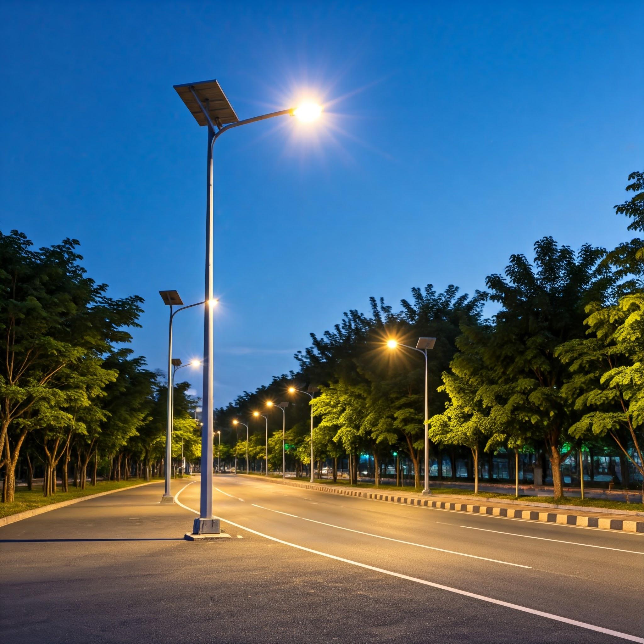 Solar LED street lights installed along a contemporary roadway.