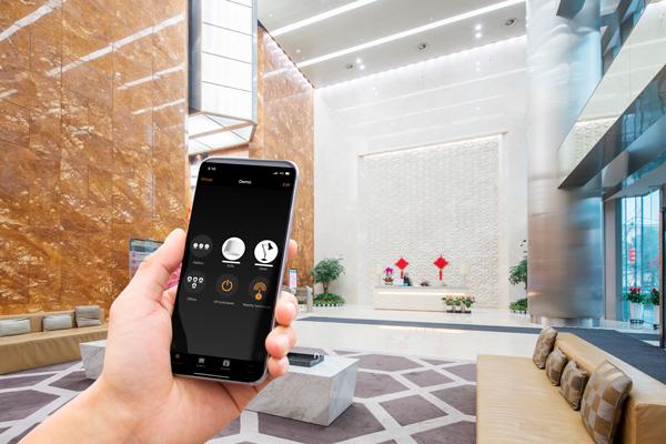 Casambi wireless lighting control system installed in a contemporary hospitality interior.