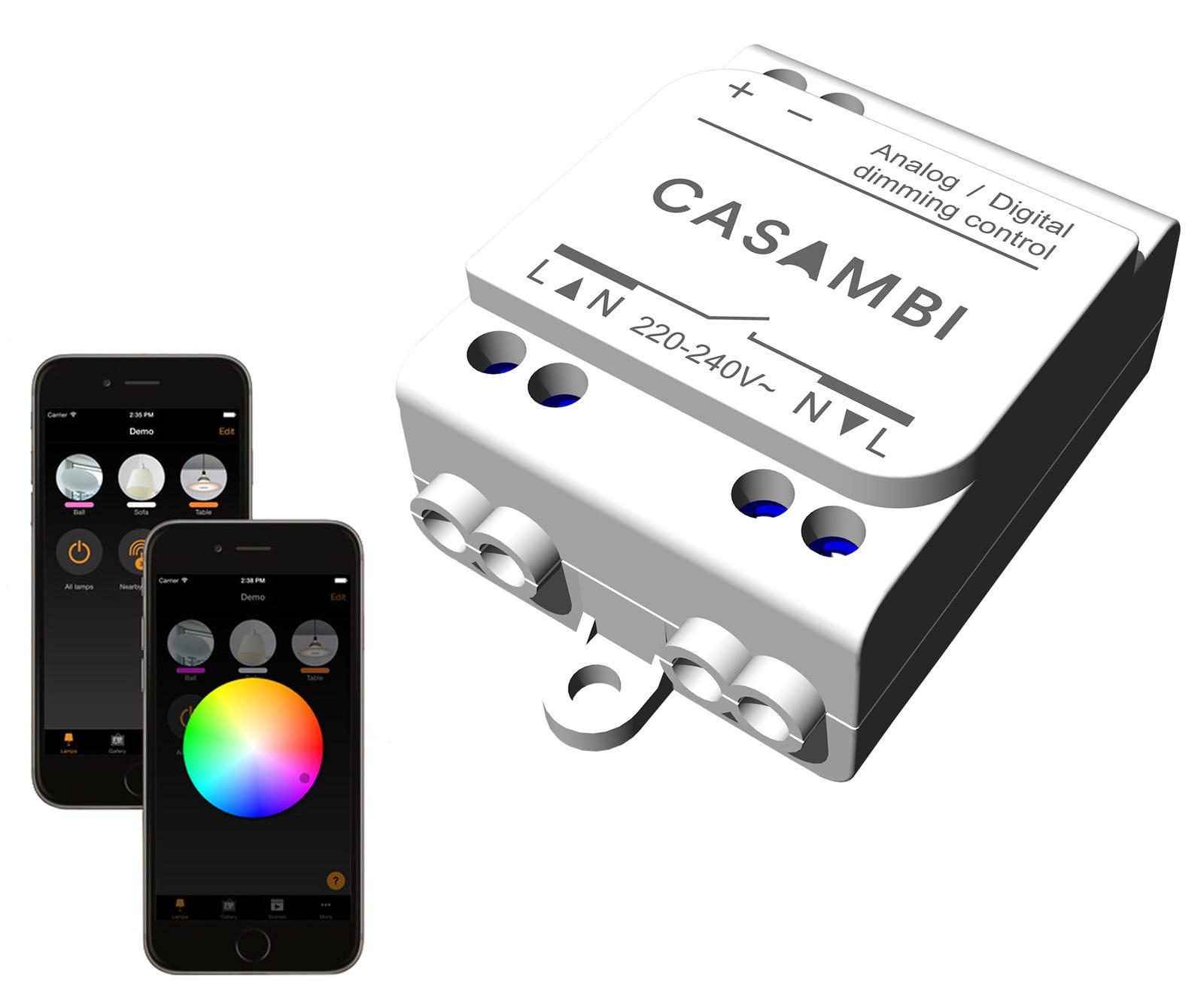 Casambi wireless lighting control system with controllers, modules and interfaces.