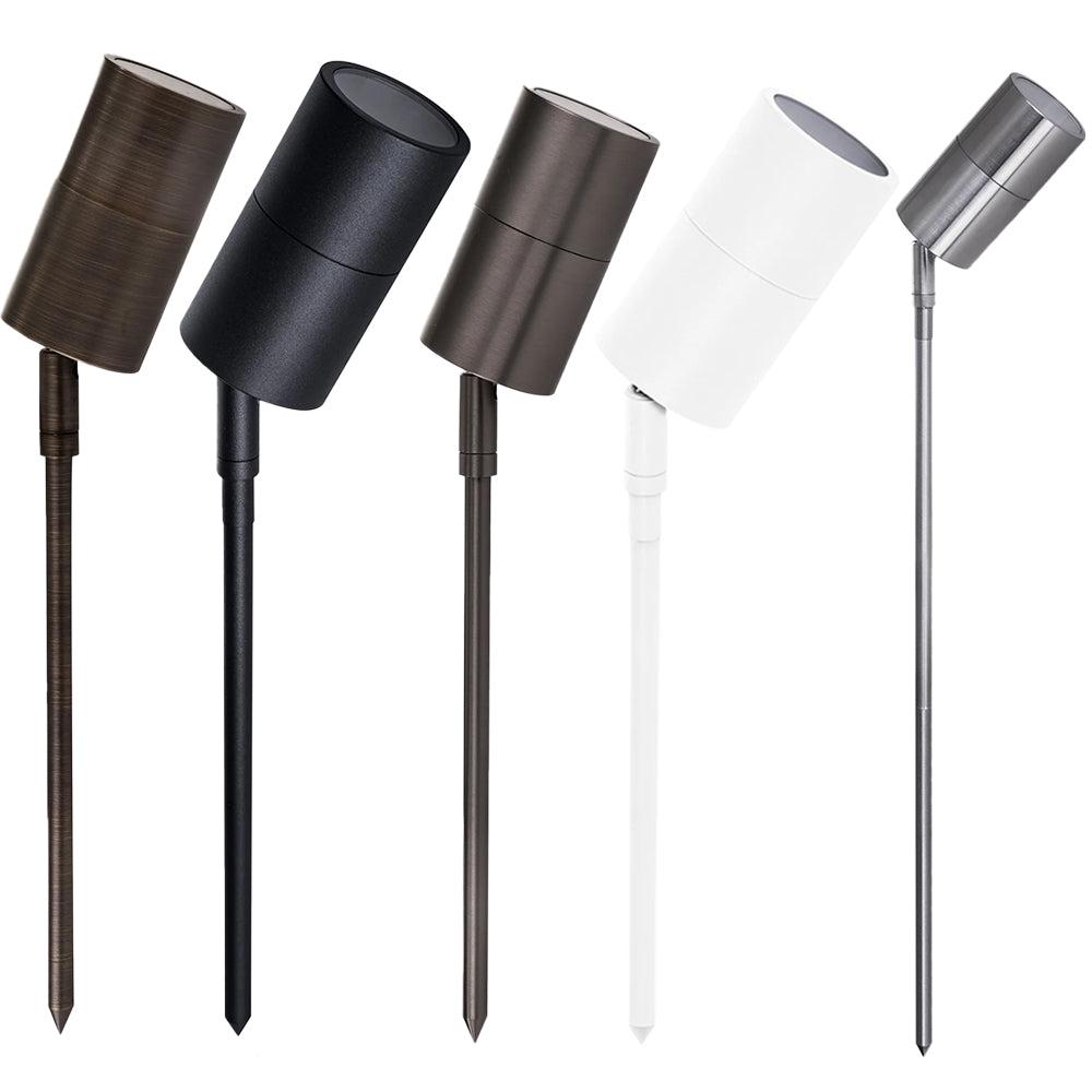 Garden spike light family with size, finish and beam angle variations.