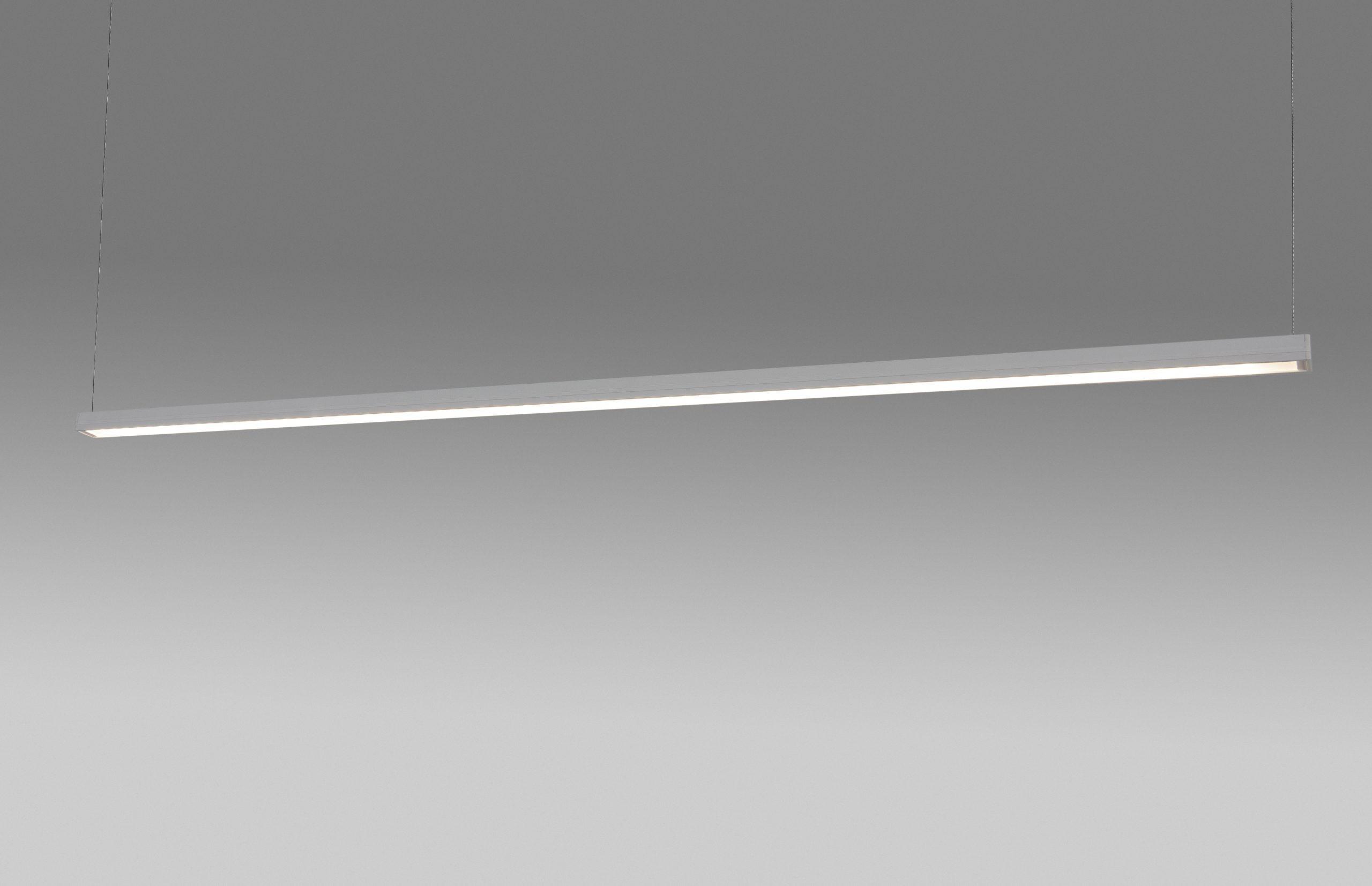 Front view of a continuous suspended linear light.