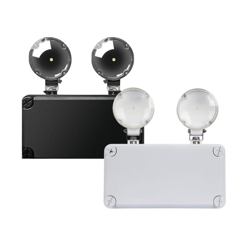 Twin spot emergency light family with size and configuration variations.