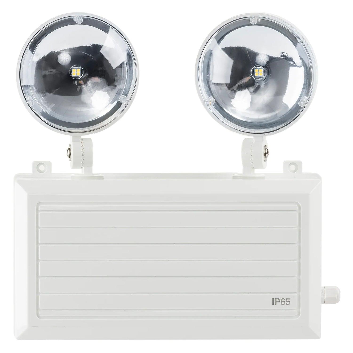 Front view of a wall-mounted twin spot emergency light.