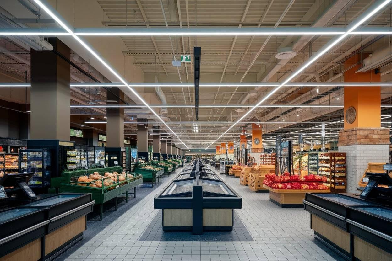 Supermarket lighting system for aisles, shelves, fresh-food areas and product displays in modern retail environments