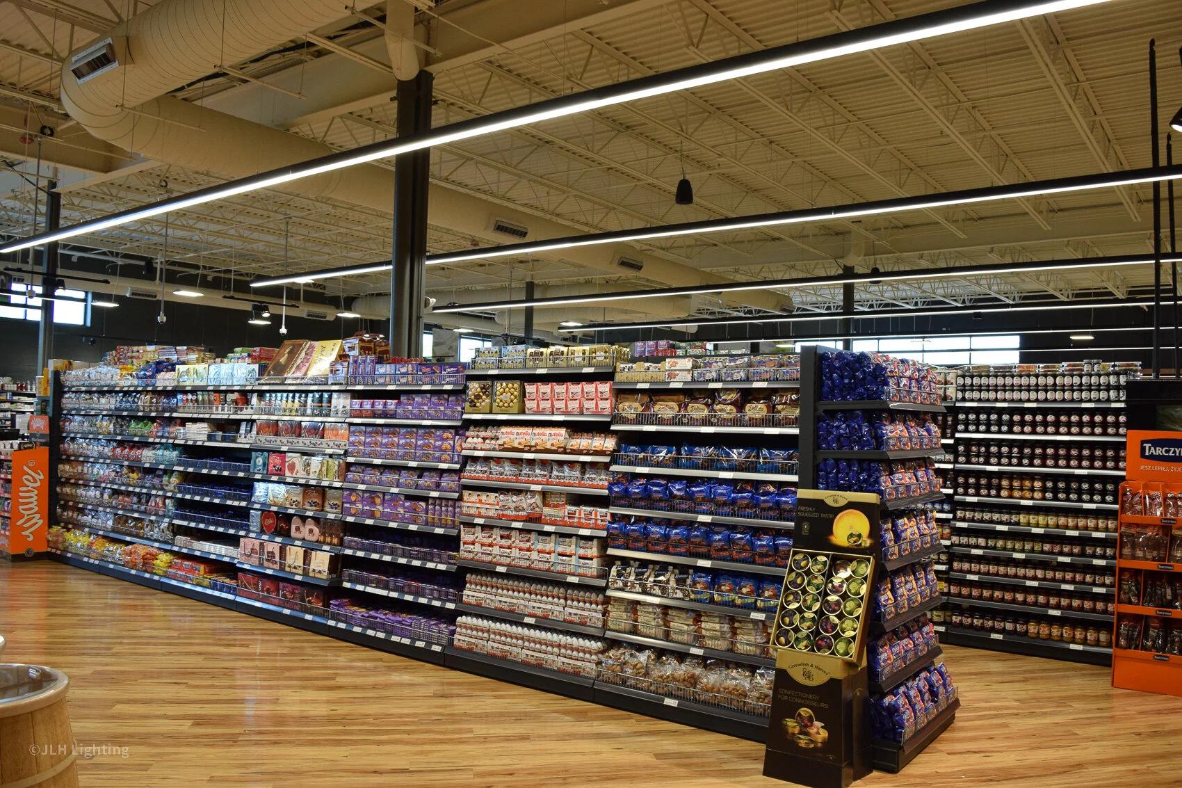 Supermarket lighting system for aisles, shelves, fresh-food areas and product displays in modern retail environments