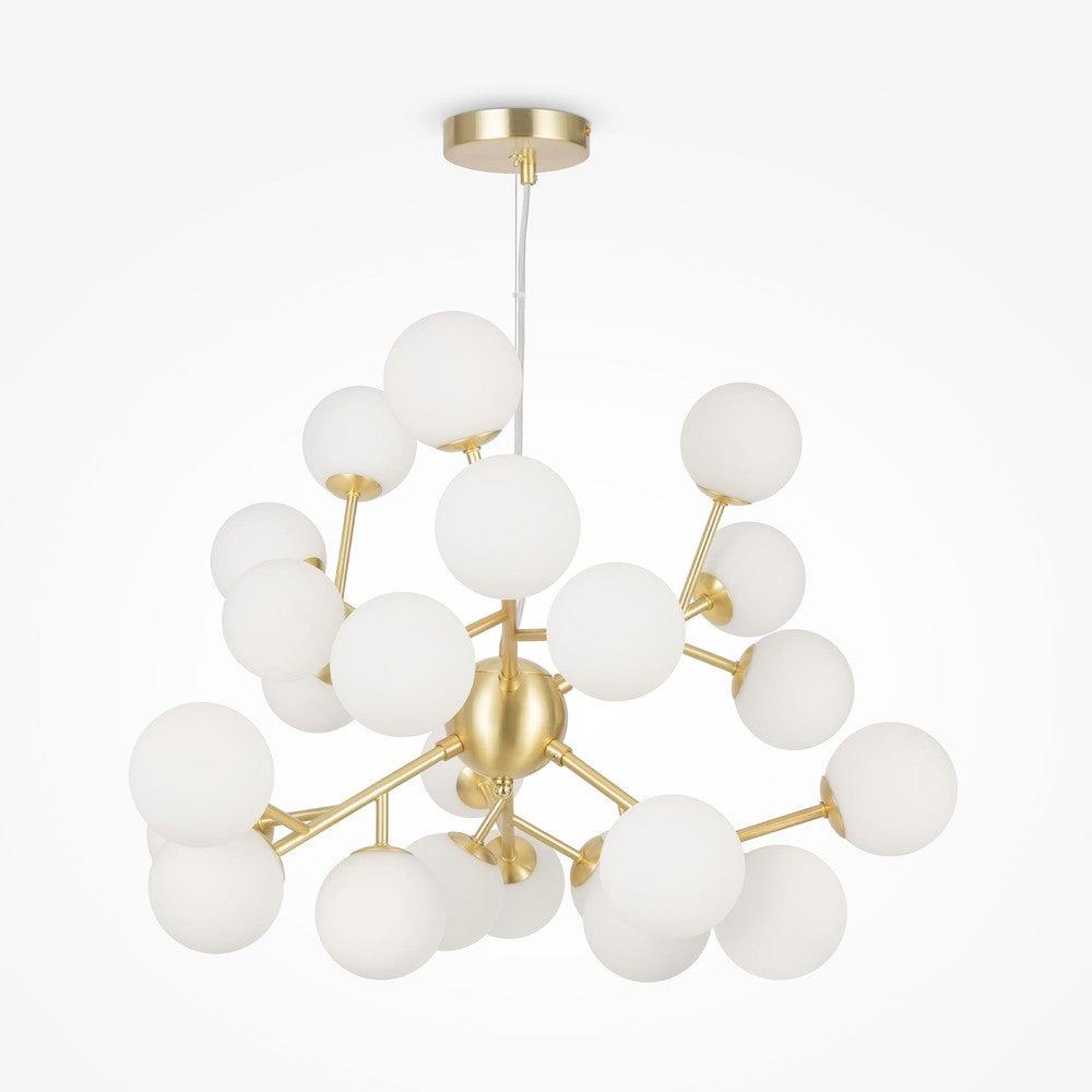 Front view of a contemporary globe chandelier featuring opal glass spheres.