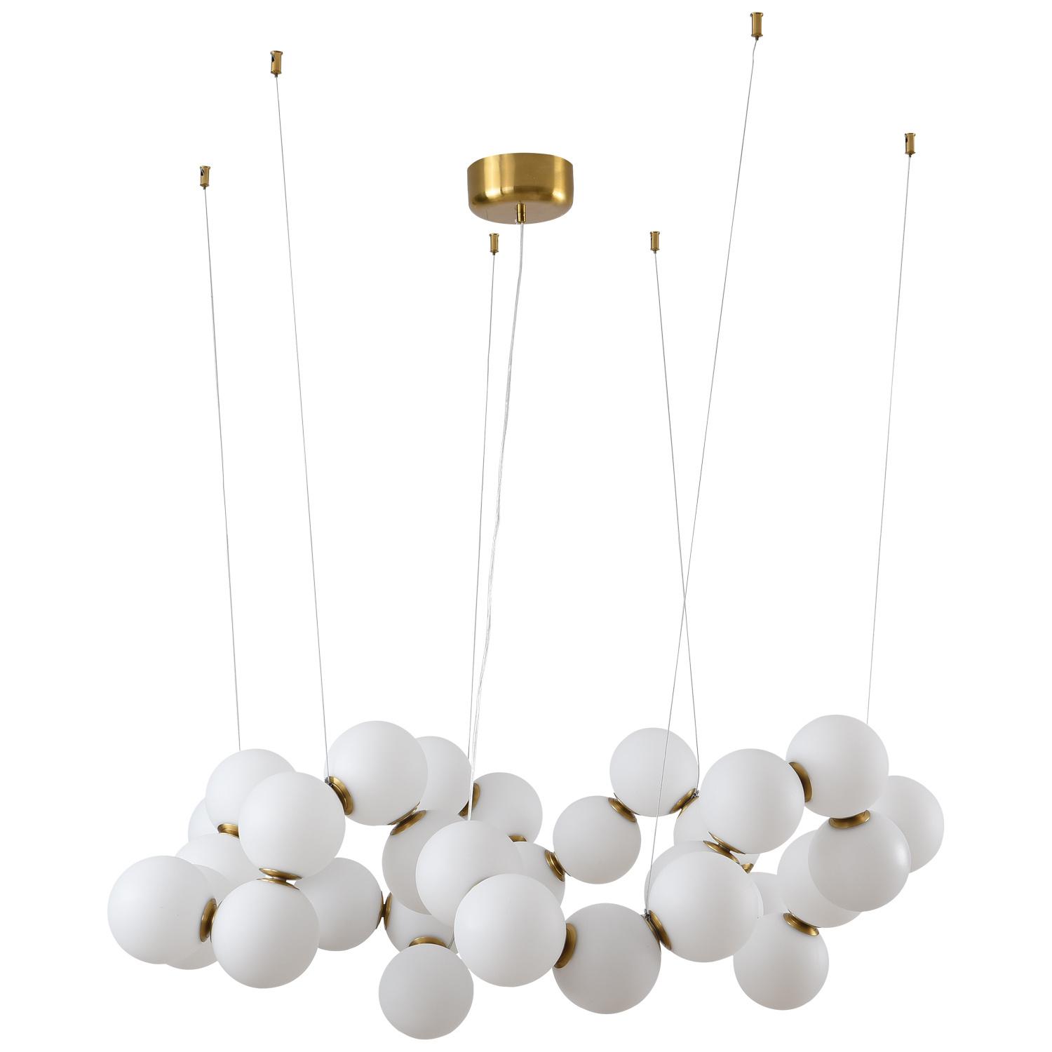 Front view of a contemporary globe chandelier featuring opal glass spheres.