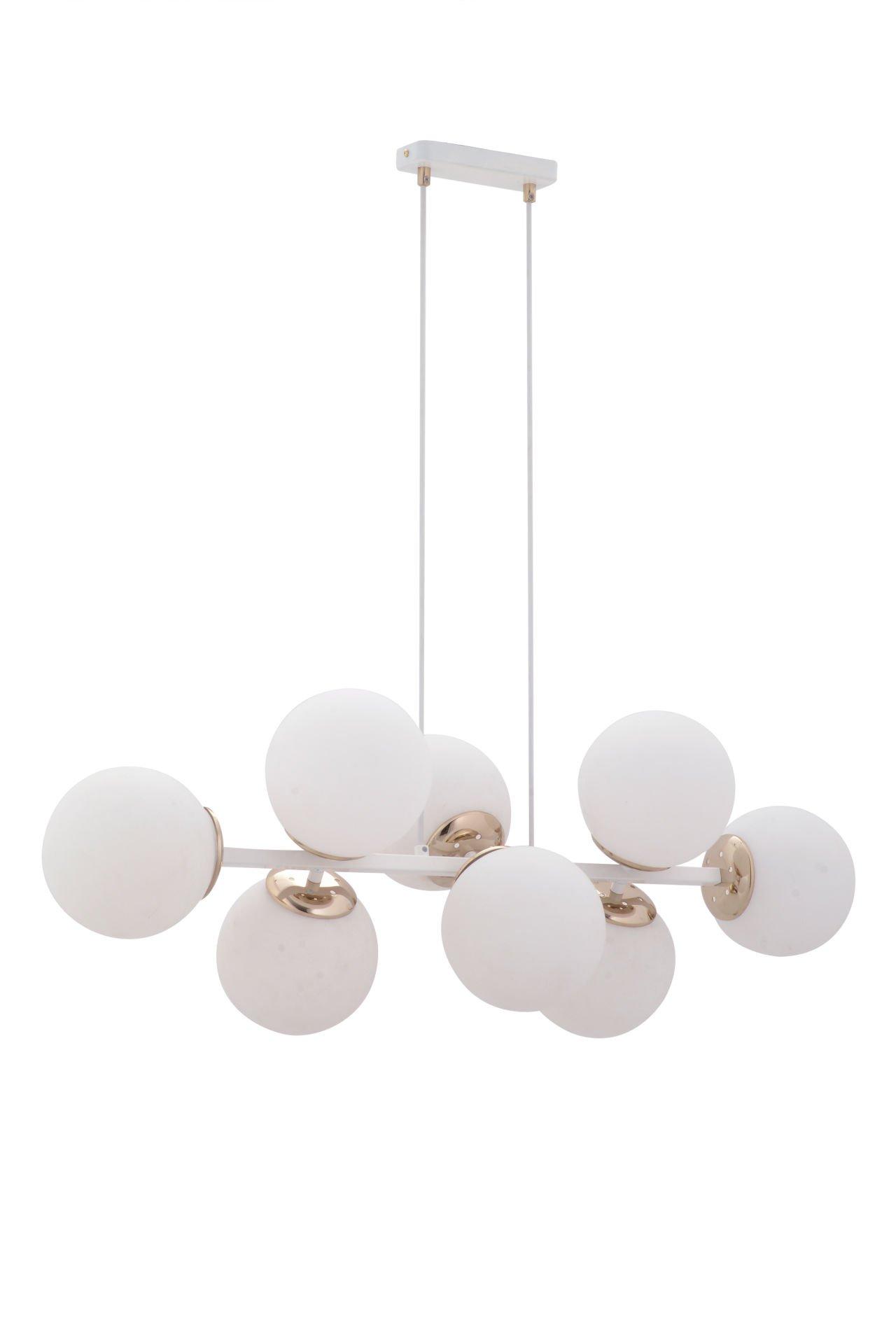 Globe chandelier photographed on a clean white studio background with multiple spherical glass diffusers.