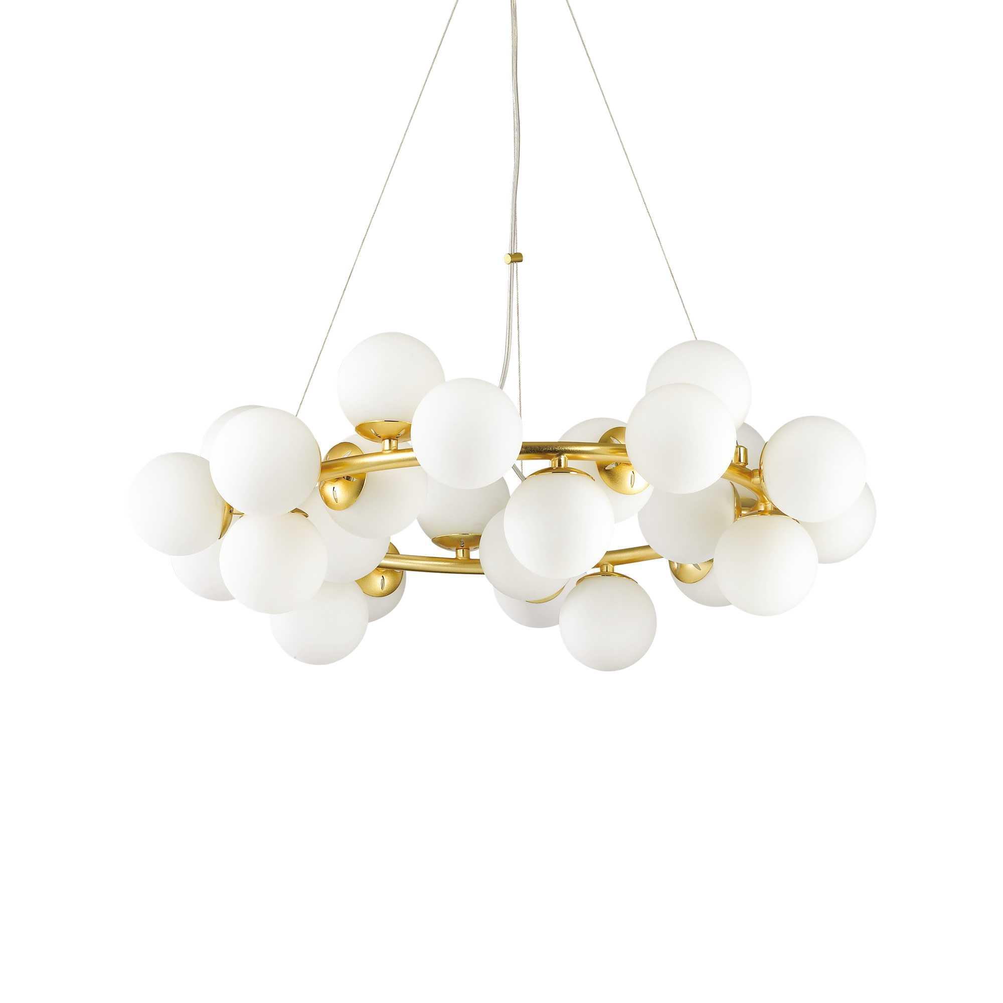 Globe chandelier photographed on a clean white studio background with multiple spherical glass diffusers.