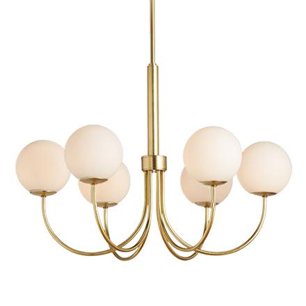 Front view of a contemporary globe chandelier featuring opal glass spheres.