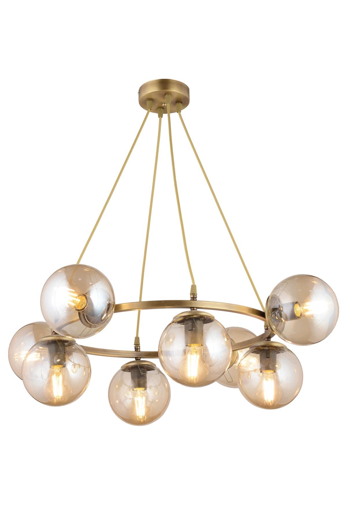 Globe chandelier photographed on a clean white studio background with multiple spherical glass diffusers.