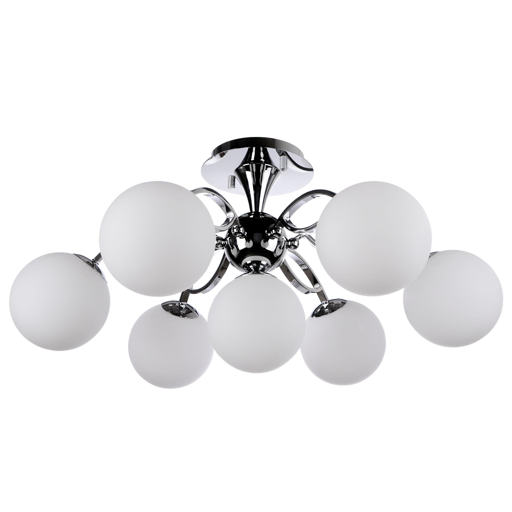 Front view of a contemporary globe chandelier featuring opal glass spheres.