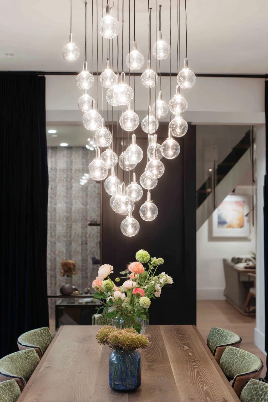 Globe chandelier installed in a premium residential dining area with contemporary architectural design.