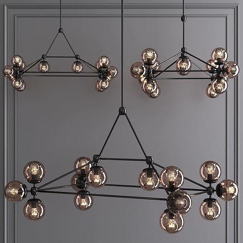 Globe chandelier family displaying linear, radial and molecular-inspired configurations.
