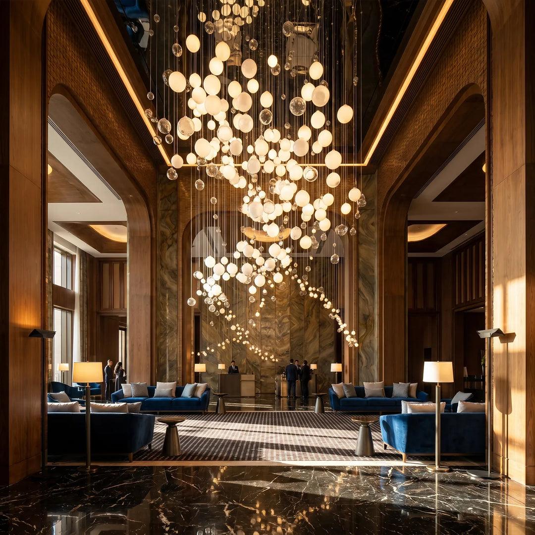 Globe chandelier installed in a premium residential dining area with contemporary architectural design.