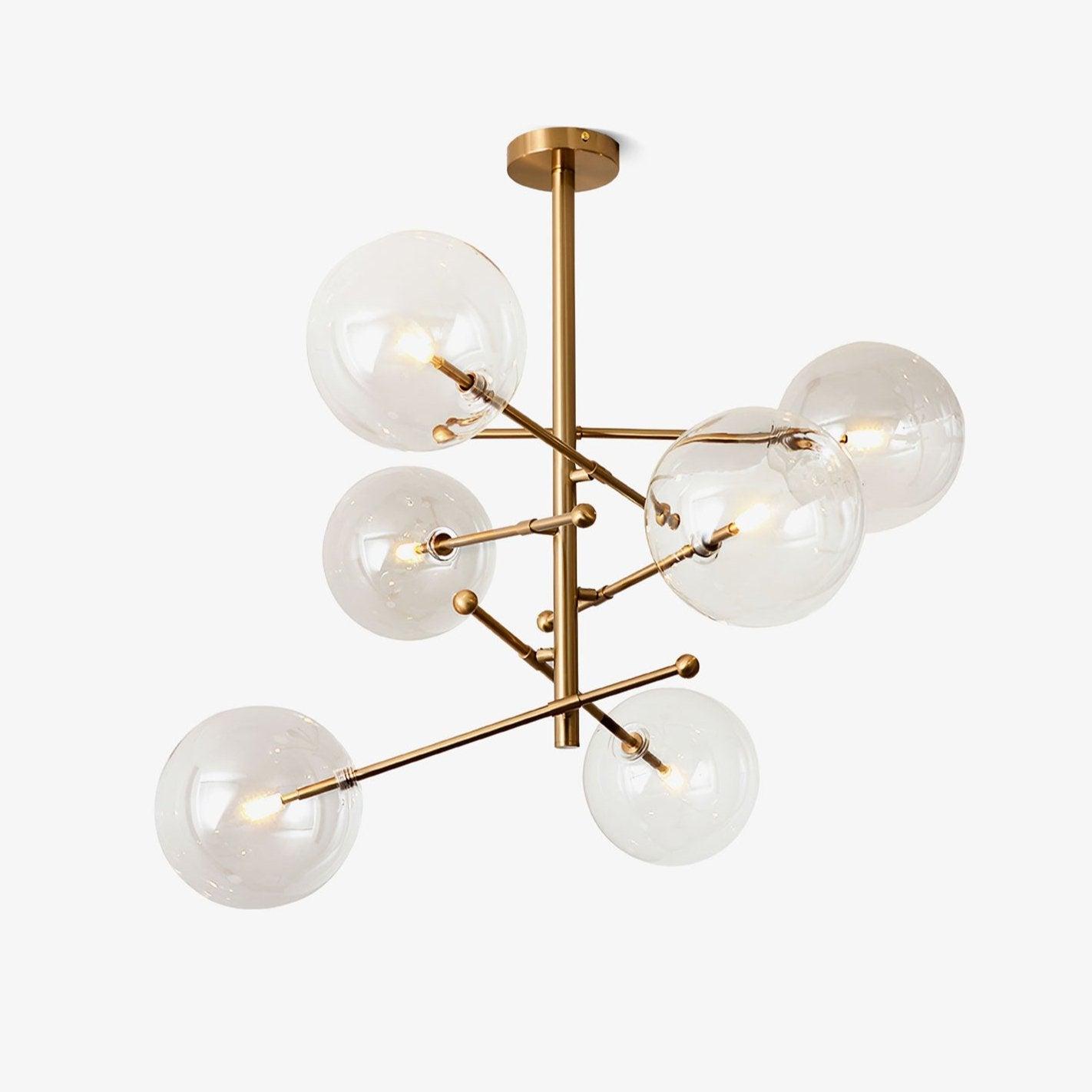 Front view of a contemporary globe chandelier featuring opal glass spheres.