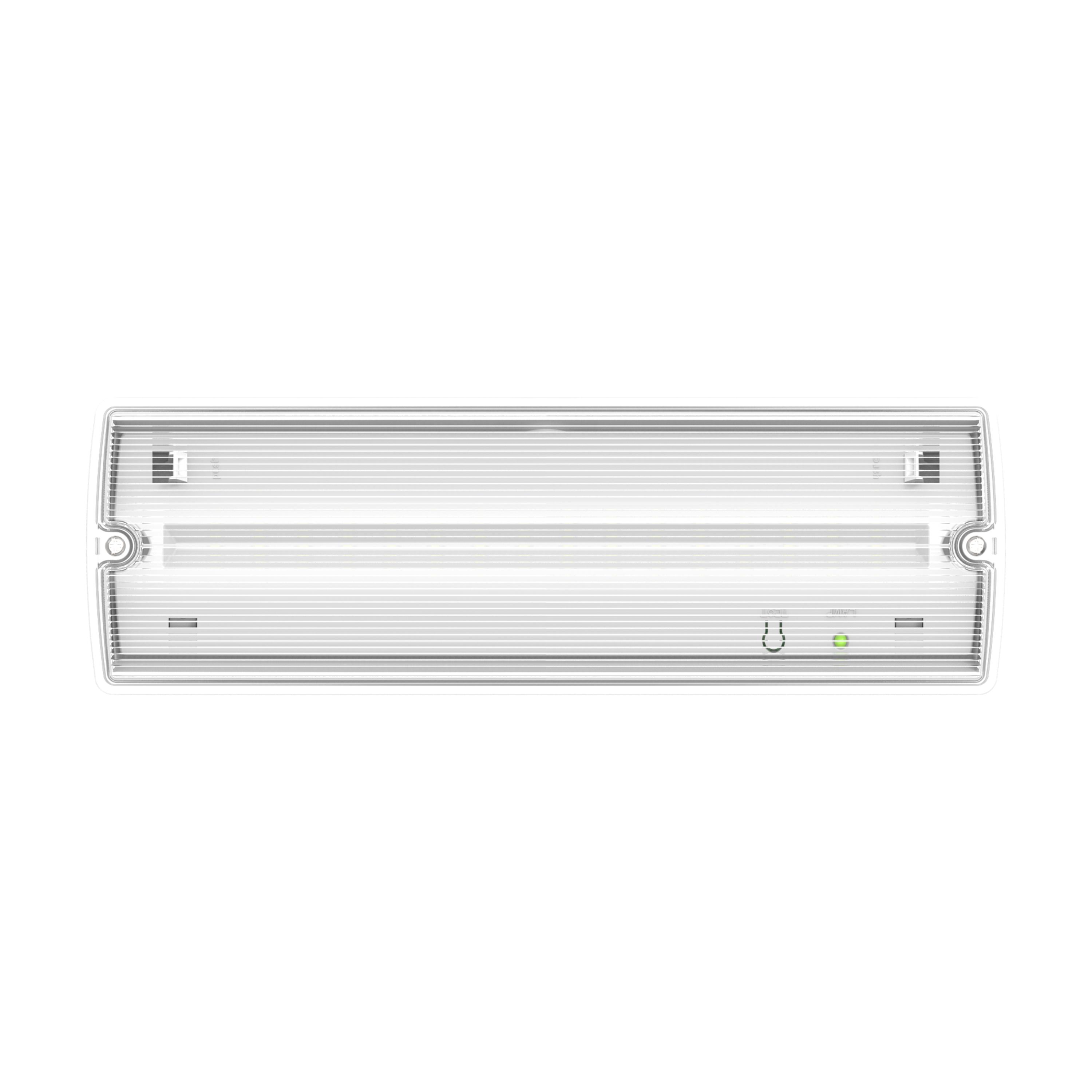 Front view of a wall-mounted emergency bulkhead light.