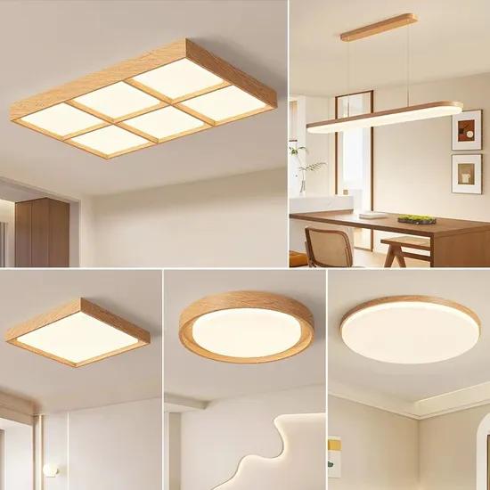 Collection of natural wood ceiling lights in different timber forms and finishes