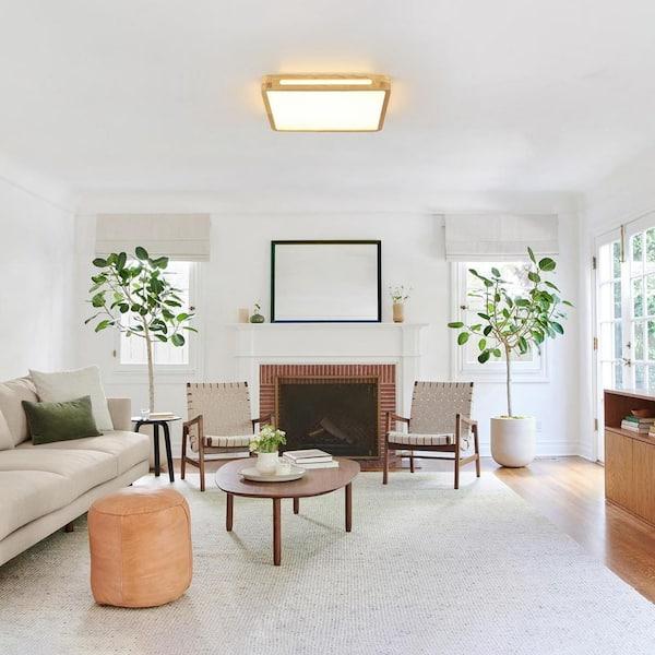 Natural wood ceiling light integrated into a contemporary residential interior