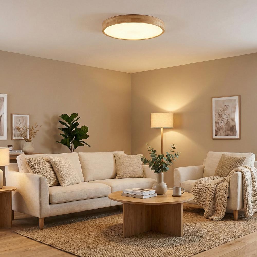 Natural wood ceiling light integrated into a contemporary residential interior