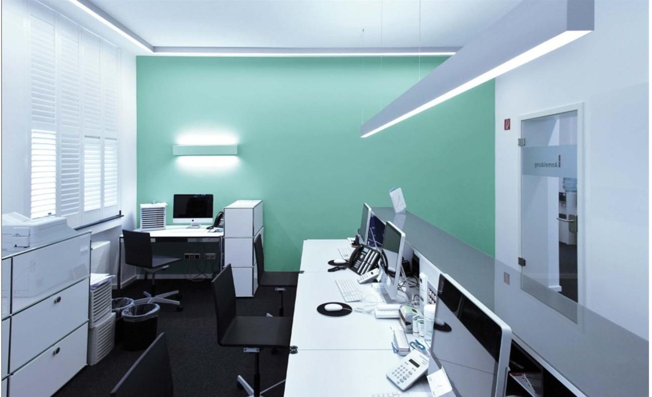 Direct / indirect suspended linear lights installed in a contemporary office environment.