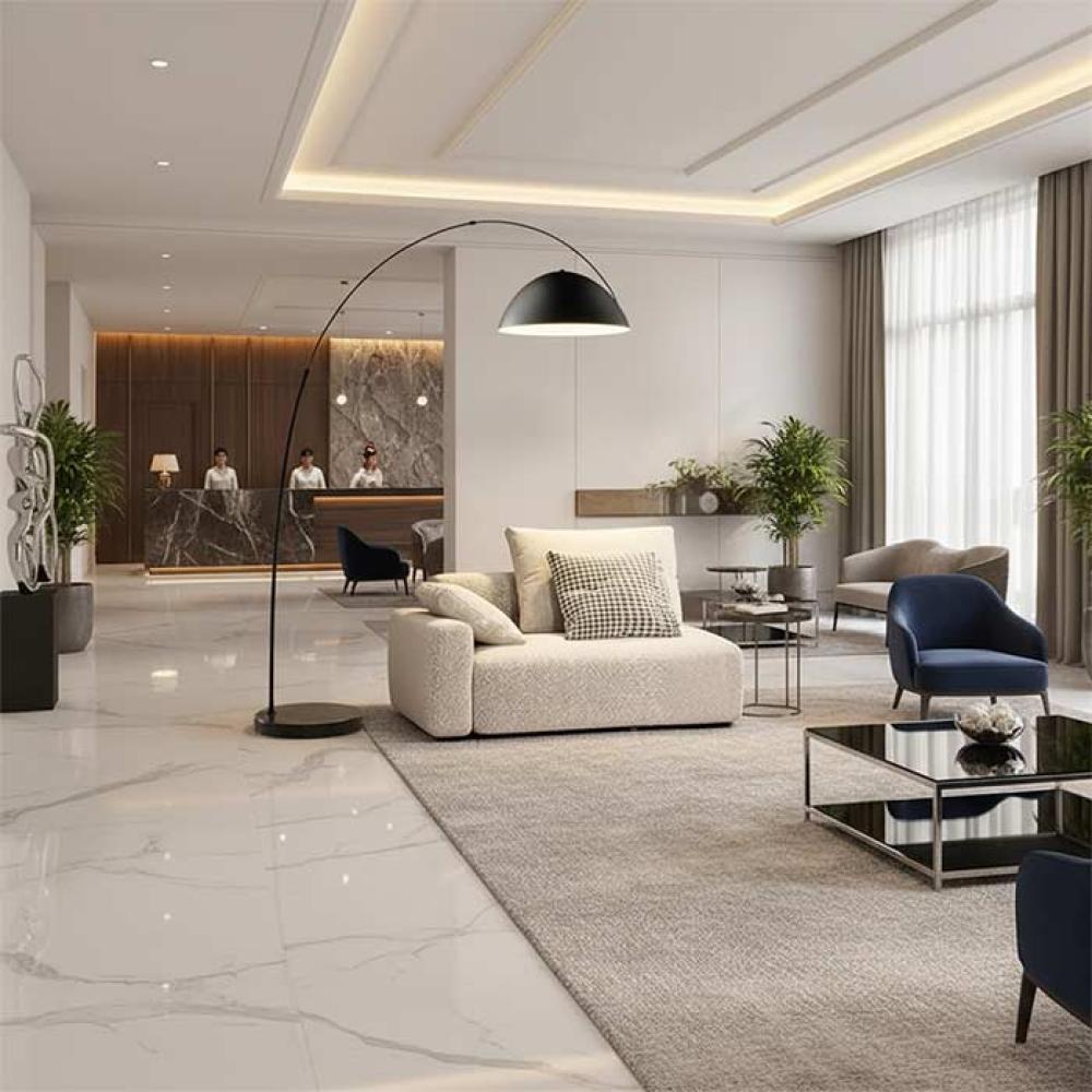 Arc floor lamp installed in a contemporary hospitality interior.
