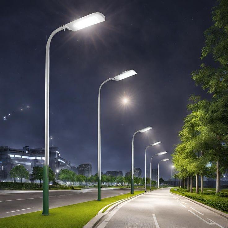 LED street lights installed along a contemporary urban roadway.