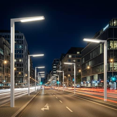 LED street lights installed along a contemporary urban roadway.