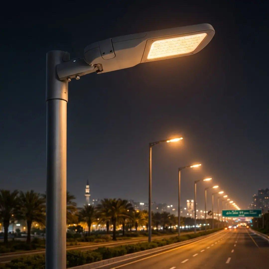 LED street lights installed along a contemporary urban roadway.