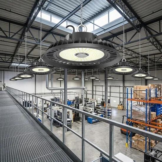 Suspended highbay lights installed in a contemporary industrial environment.