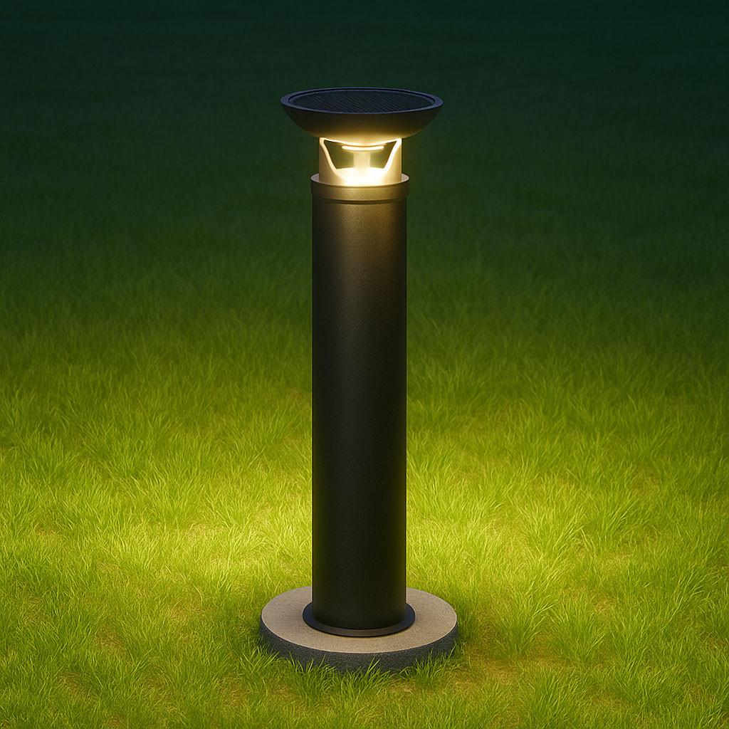 Front view of a solar LED bollard.