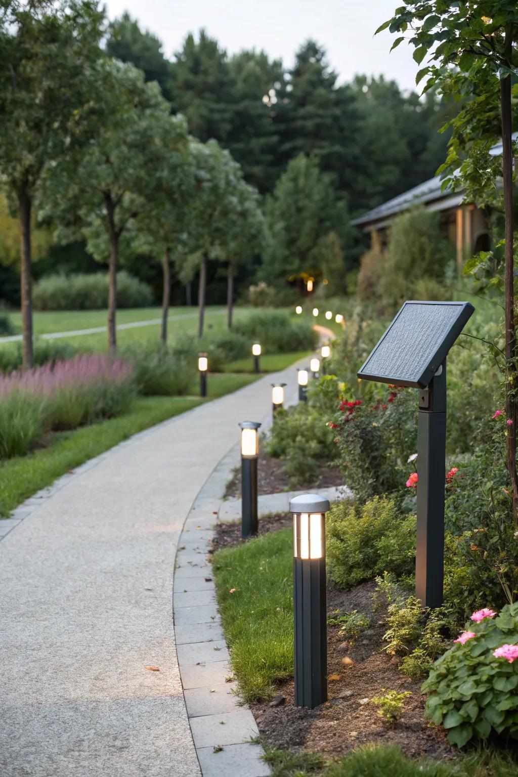 Solar bollards installed along a contemporary landscape pathway.