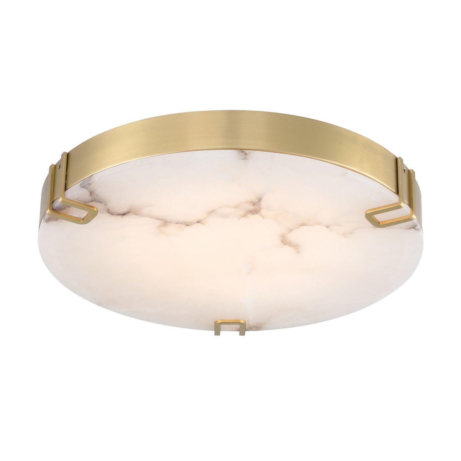 Marble ceiling light combining natural white marble and refined brass detailing on a white background